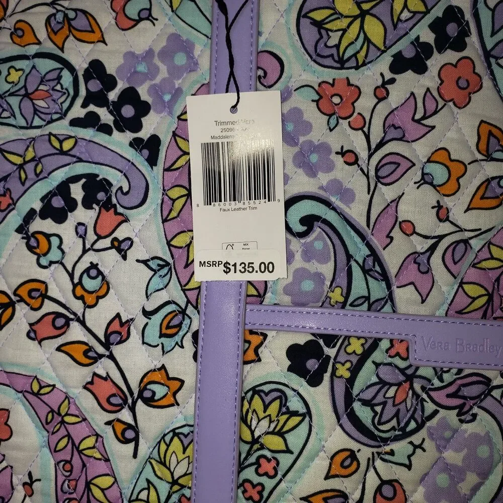 VERA BRADLEY Maddalena Paisley Soft Trimmed Vera Tote Bag White and Purple NEW